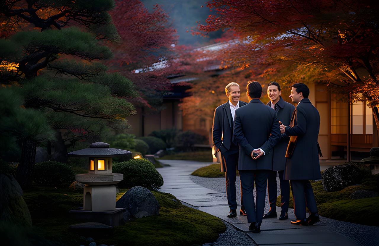 会議を終えた企業幹部が高級旅館の庭園を歩く様子、石灯籠と紅葉のある京都の夕景