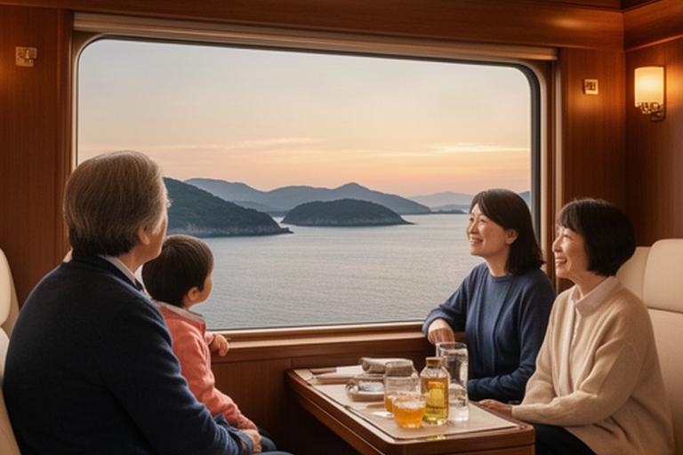 家族三代が豪華列車の個室から瀬戸内海を眺める様子