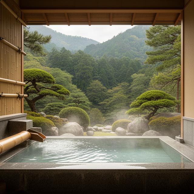 箱根の森を望む強羅の高級旅館の露天風呂