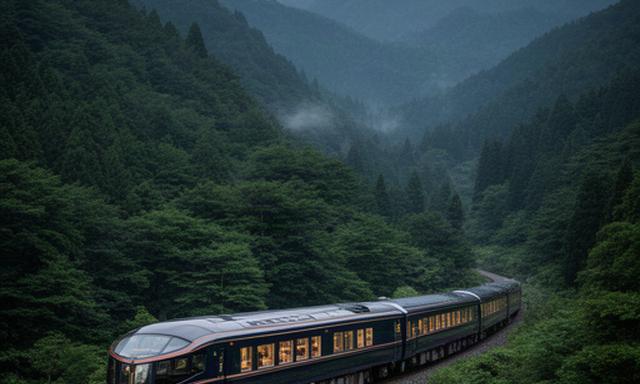 深い緑の山並みを走るトワイライトエクスプレス瑞風の車体