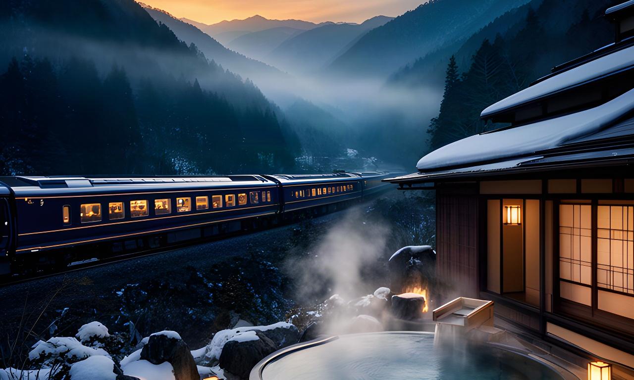 夕暮れの山あいを走る豪華列車と雪見露天風呂を望む高級旅館
