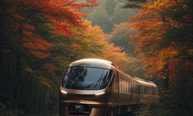 秋の東北の森を進むTRAIN SUITE四季島の車両
