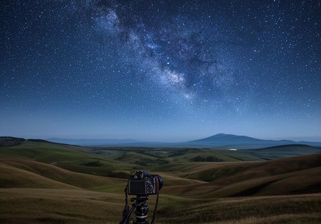 北海道美瑛の丘で星空を撮影する三脚とカメラ