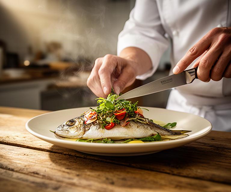料理教室で料理人が旬の魚を仕上げる木製カウンター