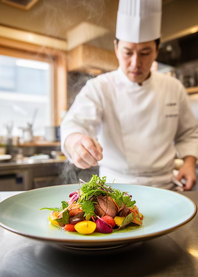 料理人が季節の一皿を盛り付ける大阪の明るい厨房