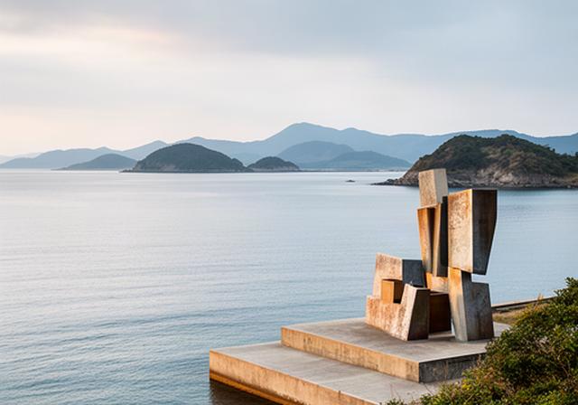 瀬戸内の島の屋外アート作品と穏やかな海