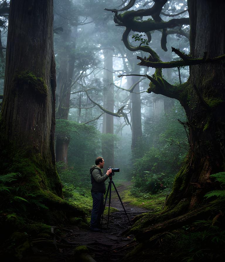 屋久島の森で風景写真家が苔むした木々を撮影する場面