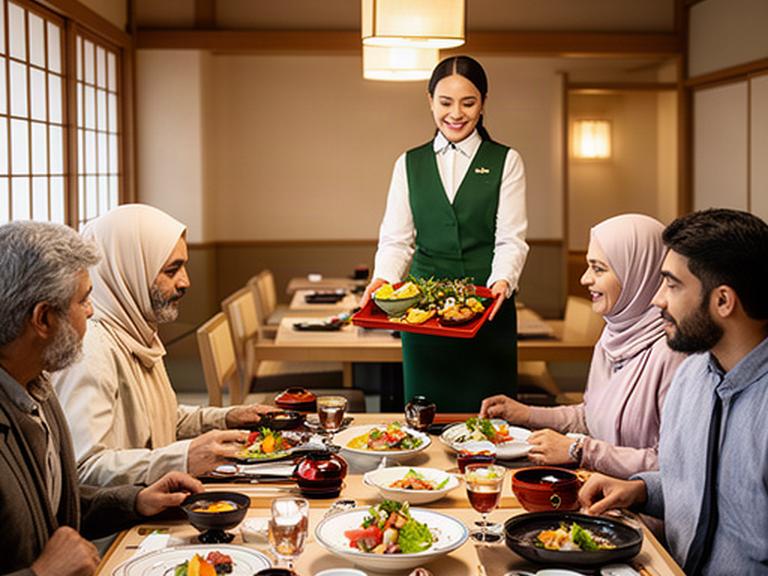 大阪の落ち着いた和食店でハラール対応の料理を楽しむ旅行者