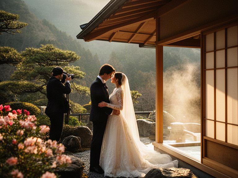 山あいの温泉旅館で専属カメラマンが新婚旅行の二人を撮影する様子
