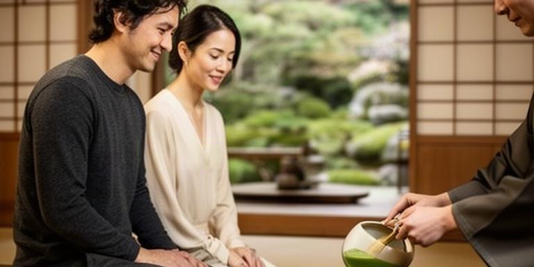 京都の茶室で静かに抹茶を味わう海外からのカップル
