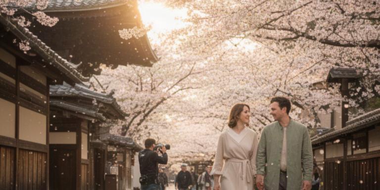 桜の季節に古都を歩く海外カップルのプライベート撮影旅行