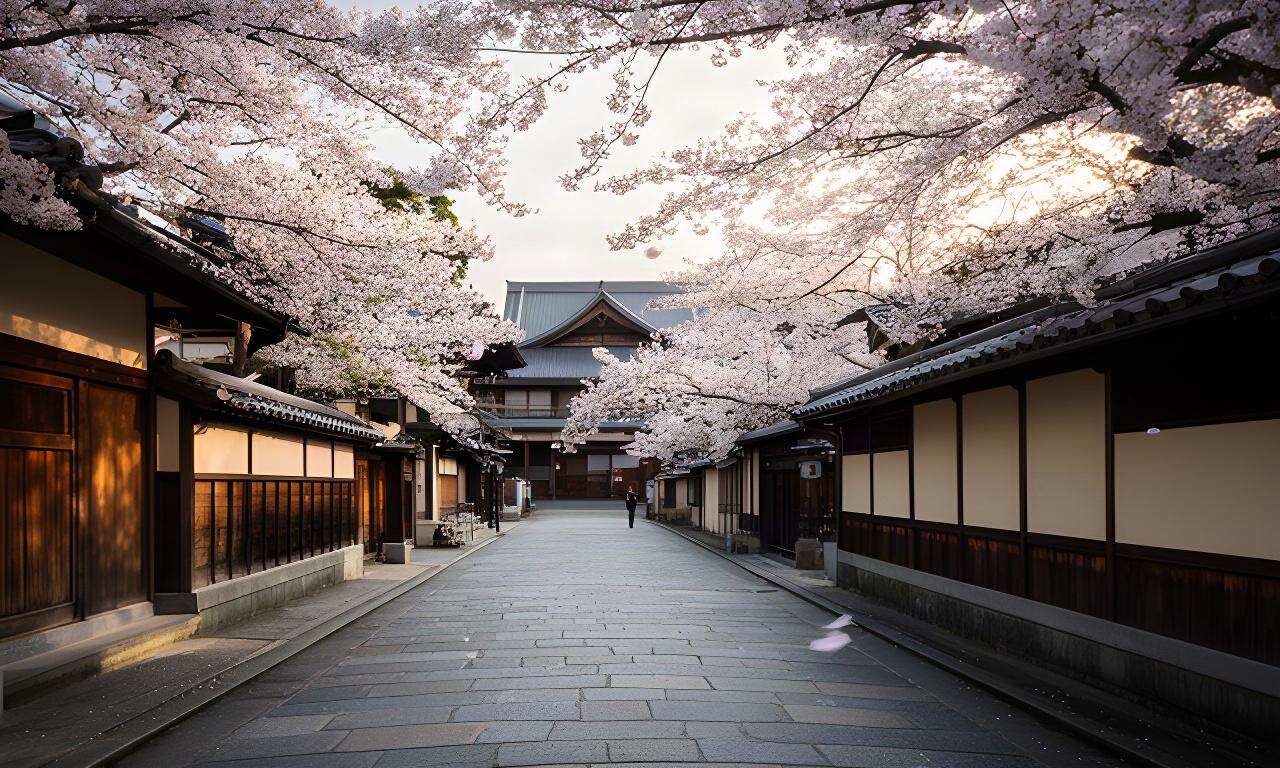 京都の石畳と春の桜を望む上質なプライベート旅行の風景