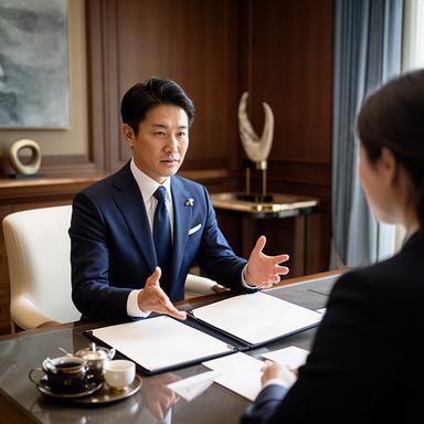 落ち着いた応接室で旅程を確認する日本人男性コンシェルジュ