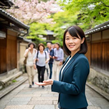 京都の街並みを案内する女性インバウンド統括スタッフ