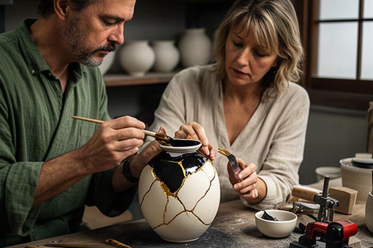 工房の作業台で金継ぎを学ぶアメリカ人アーティスト夫妻