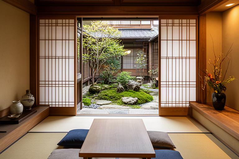 京都の格子戸と坪庭を備えた町家一棟貸しの居間