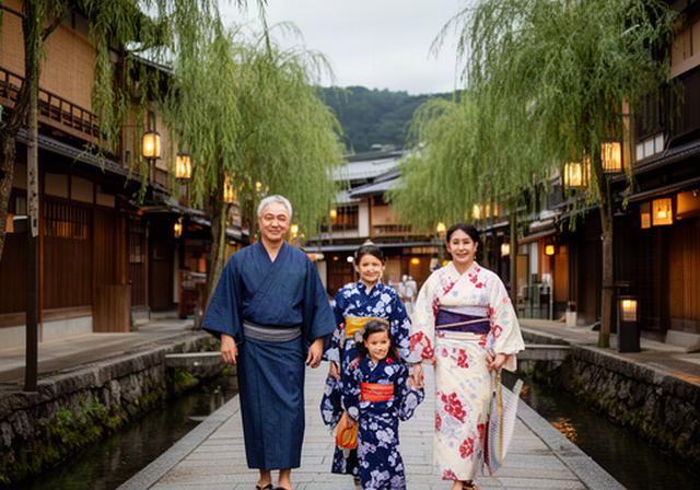 城崎温泉の街並みを歩く親子と浴衣姿の家族旅行