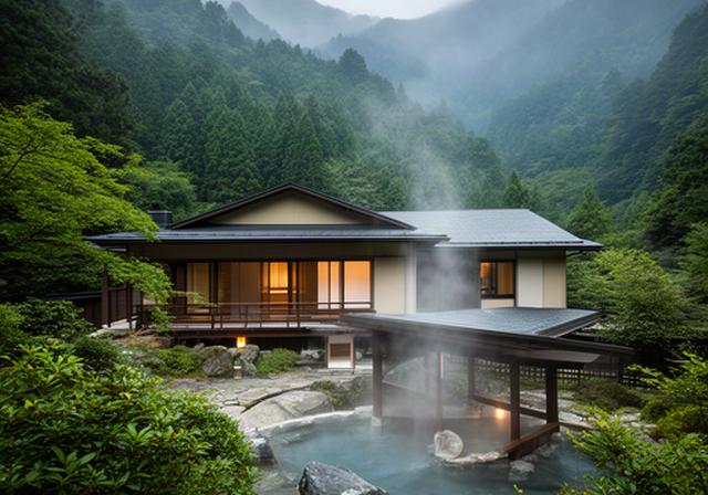 熊本黒川温泉の一棟貸し宿と山の景色
