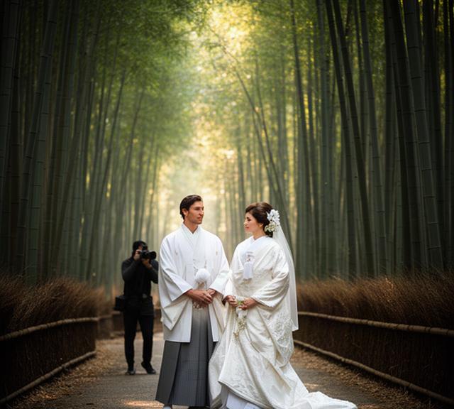 京都の竹林で白無垢姿の二人を撮影するフォトウェディング