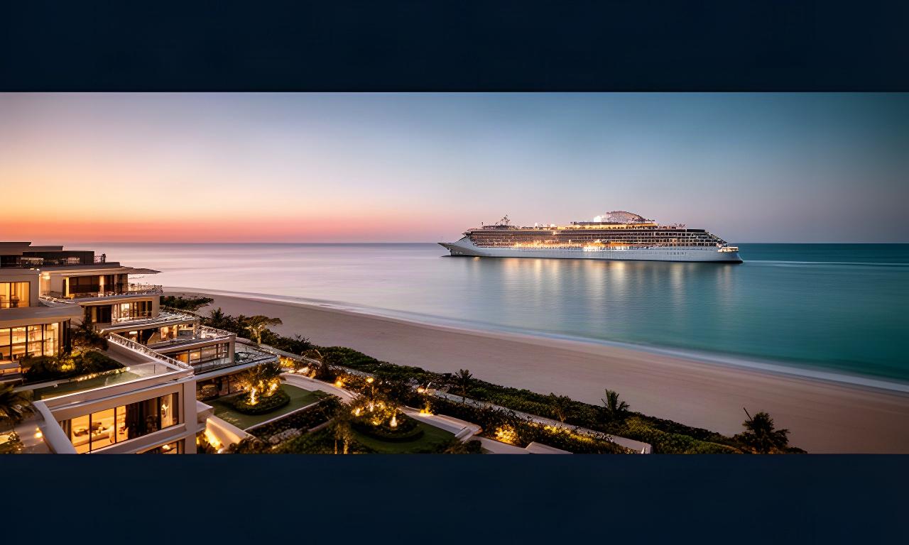 海辺の高級リゾートと停泊するクルーズ船を望む夕暮れの風景