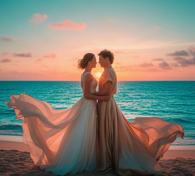 沖縄の青い海辺でドレス姿の二人を撮影する夕暮れ