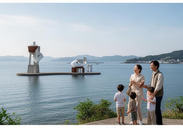 瀬戸内の島で家族が現代アートを楽しむ海辺の風景