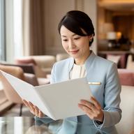 ホテルのラウンジで旅程を確認する女性コンシェルジュ