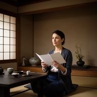 茶室で文化資料を手にするアートと文化担当者
