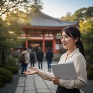 京都の寺院を背景に案内を行う多言語スタッフ