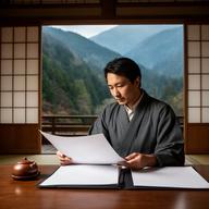 山あいの高級旅館で資料を確認する男性プランナー