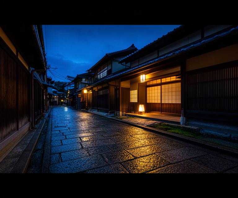 京都の老舗料亭の夜景と石畳を望む接待旅行の風景